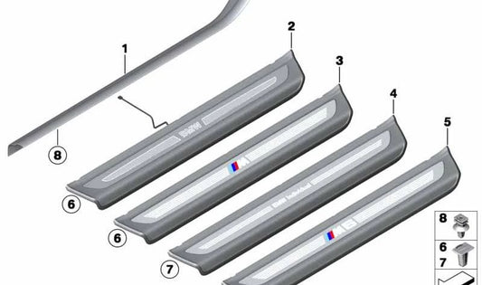 Embellecedor de entrada iluminado izquierdo OEM 51477264437 para BMW F13 (640d, 640i, xDrive) años 2011-2017. Original BMW.