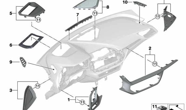 Moldura embellecedora del salpicadero iluminada OEM 51459631122 para BMW F40, F44. Original BMW.