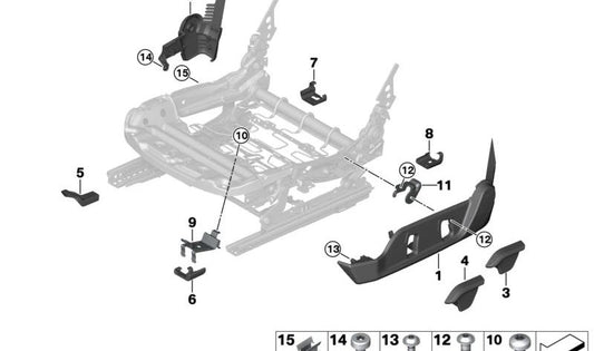 Embellecedor lateral derecho del asiento OEM 52107304216 para BMW i3 {I01, I01 (60Ah, 94Ah, 120Ah, Rex)}. Compatible con modelos de 2013 a 2022. Repuesto original BMW.