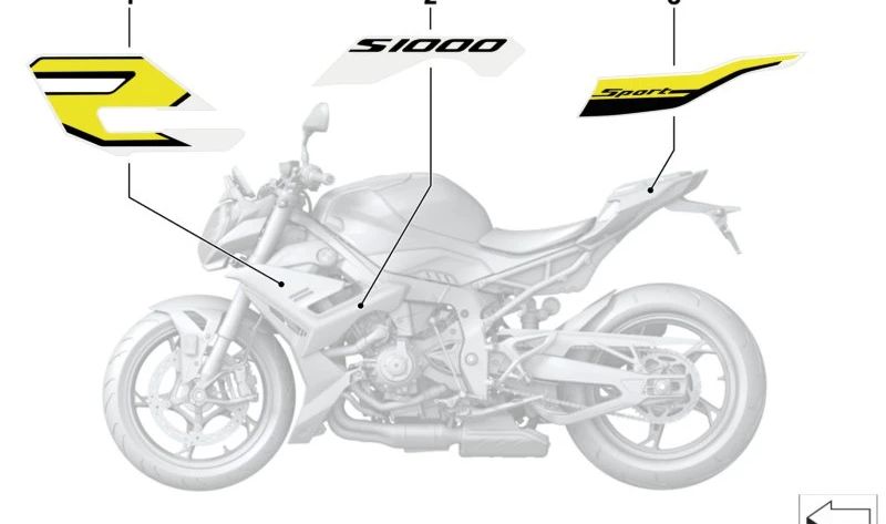 Emblema lateral trasero derecho OEM 51149467528 para BMW Motorrad S 1000 R (SK63, modelo 0E51A67, 2021-2024). Pieza original BMW Motorrad.