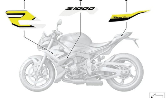 Emblema lateral trasero derecho OEM 51149467528 para BMW Motorrad S 1000 R (SK63, modelo 0E51A67, 2021-2024). Pieza original BMW Motorrad.