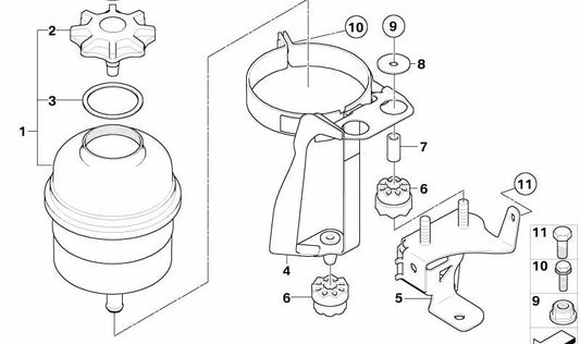 Soporte depósito de aceite dirección OEM 32416769287 para BMW Serie 5 (E60, E61) y Serie 6 (E63, E64). Original BMW.
