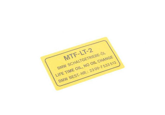 Transmissionsölaufkleber für BMW E87, E36, E46, E90, E91, E92, E93, E34, E39, E60, E61, E63, E64, E32, E38, E31, E83, E85, E85, E86, E52 (OEM 23007533333333333333333333333333333514) . Original BMW.
