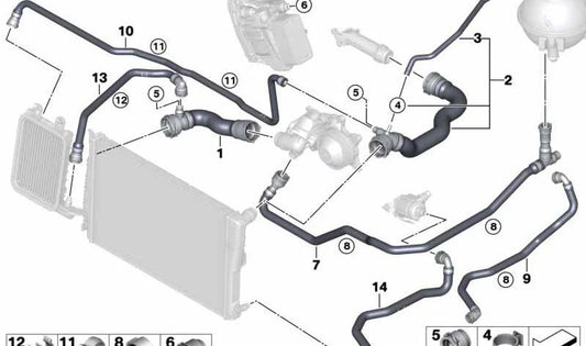 Manguera refrigerante OEM 17128571606 para BMW X3 F25 (xDrive30d, xDrive35d) y BMW X4 F26 (xDrive30d, xDrive35d). Compatible con motores N57T y N57Z. Original BMW.