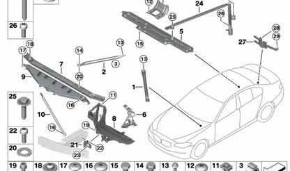 Soporte carrocería izquierdo OEM 51647200793 para BMW F10 (todos los modelos: 518d, 520d) con motores N47T y B47O. Apto para versiones manual y automático. Original BMW.