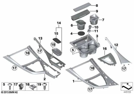 Console Central Silver Mate Satin per BMW F20, F21, F22 (OEM 51169209691). BMW originale