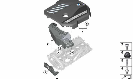 Cubierta de motor OEM 11148740595 para BMW G30, G11, G12, G05. Compatible con modelos 545e xDrive, 745e, 745Le, 745Le xDrive, xDrive45e. Original BMW.