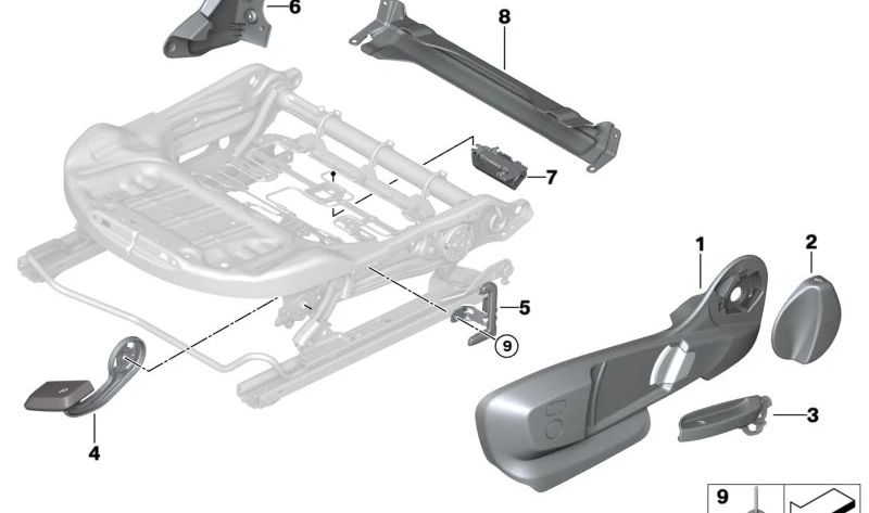 Cubierta exterior del asiento izquierdo OEM 52107949713 para BMW F40, F44. Original BMW.