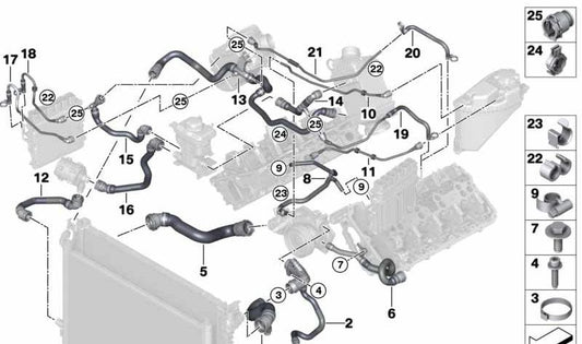 OEM water pump connection tube 17128602670 for BMW G30 (Series 5), G11/G12 (7 Series). Original BMW piece.