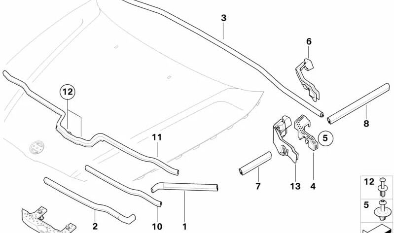 Junta trasera del capó delantero OEM 51718045623 para BMW E90, E90N, E92, E92N, E93, E93N. Original BMW.