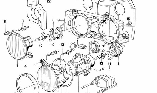 Adaptateur droit OEM 63128355380 pour BMW E34 518G, 518i (tous les modèles compatibles). Pièce BMW originale pour le phare avant. Idéal pour les paramètres ou les remplacements en fonction des optiques.