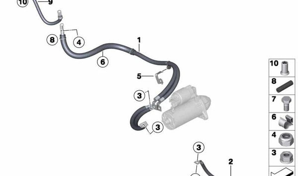 Cable de batería B+ OEM 12428621490 para BMW F21, F22, F23, F30, F34, F35, F33, F36. Conexión entre generador, motor de arranque y punto de masa. Original BMW.