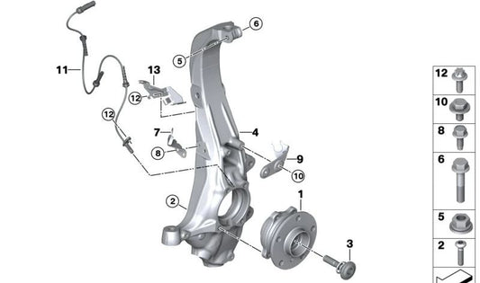 Sensor de velocidad de rueda (ABS) OEM 34526895655 para BMW X5 {F95, F95N, G05, G05N, G18, G18N}, X6 {F96, F96N, G06, G06N}, X7 {G07, G07N}, XM {G09}. Original BMW.