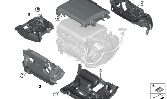 Cubierta acústica inferior HEAT OEM 17738490214 para BMW X1 (U11,U12), X2 (U10) y MINI (U25). Pieza original BMW y MINI para aislamiento acústico del motor eléctrico.
