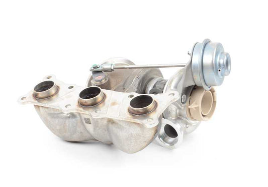 Turbocompresor con colector de escape OEM 11657593022 para BMW F01, F02, E71 (740i, 740Li, X6 xDrive35i). Repuesto original BMW. Compatibles con motor N54 y cambio automático.