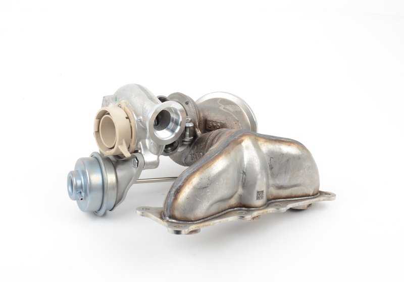 Turbocompresor con colector de escape OEM 11657593022 para BMW F01, F02, E71 (740i, 740Li, X6 xDrive35i). Repuesto original BMW. Compatibles con motor N54 y cambio automático.