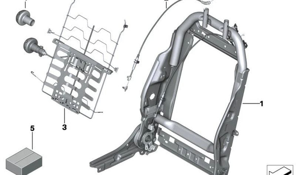 Estructura respaldo asiento derecha OEM 52107268886 para MINI R55, R56, R57, R58, R59, R61. Compatible con modelos Clubman, Cabrio, Coupé, Roadster y Countryman. Recambio original MINI.
