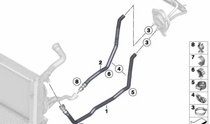 Manguera de conexión radiador-motor OEM 64219208169 para BMW F20, F21, F22, F23, F30, F31, F32, F33, F34, F36. Original BMW.