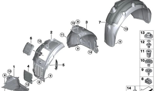 Cubierta interior paso de rueda delantera izquierda OEM 51718060087 para BMW F91, F92, F93 (M8 Competition). Original BMW.