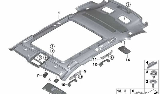Rejilla altavoz techo interior OEM 51467438451 para BMW G31 (Serie 5 Touring). Color blanco marfil. Compatible con todos los modelos indicados. Original BMW.