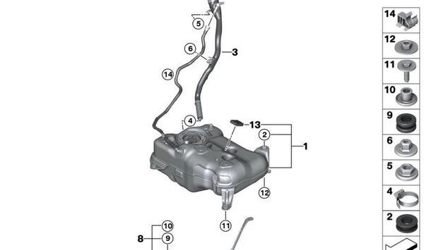 Depósito de combustible con bomba OEM 16115A43947 para BMW F20, F21, F22, F23, F30, F31, F32, F33, F34, F36. Original BMW.
