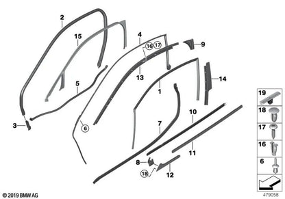 Right roof frame seal for BMW I12, I12N (OEM 51217312984). Original BMW.