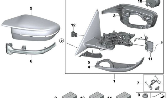 Espejo retrovisor derecho sin cristal calefactable OEM 51165A43BF2 para BMW G26 M440i (61A, 63A, 11A, 13A) y M50 (31A, 33A). Compatible con modelos producidos entre 2021 y 2024. Original BMW.