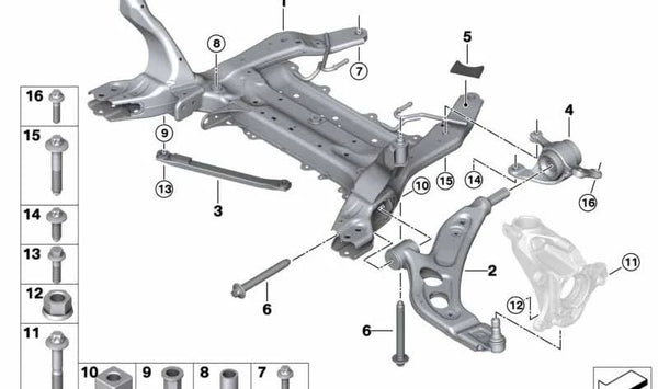 Soporte brazo de suspensión con silentblock derecho OEM 31128837854 para BMW F40 y MINI F56. Pieza original BMW y MINI.