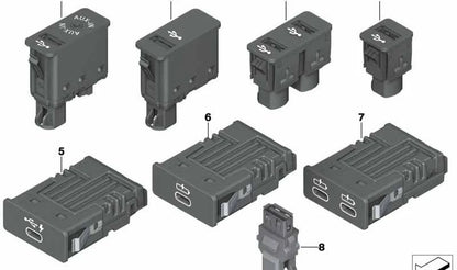 Entrada USB/AUX OEM 84109266607 para BMW F20, F21, F22, F23, F30, F31, F32, F33, F34, F36, F39, F45, F46, F48, F52, F55, F56, F57, F60, F15, F85, F16, F86, F25, F26, I01, I12. Original BMW.