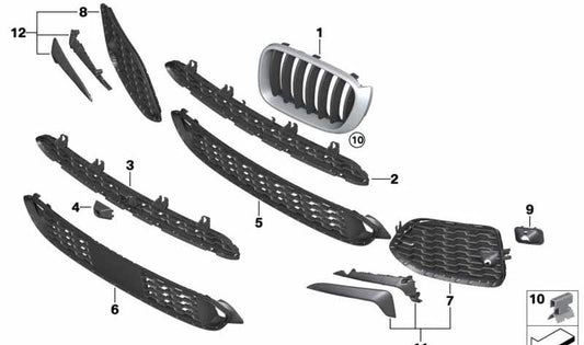 Rejilla decorativa frontal izquierda OEM 51117419887 para BMW X3 F25 y BMW X4 F26. Original BMW.