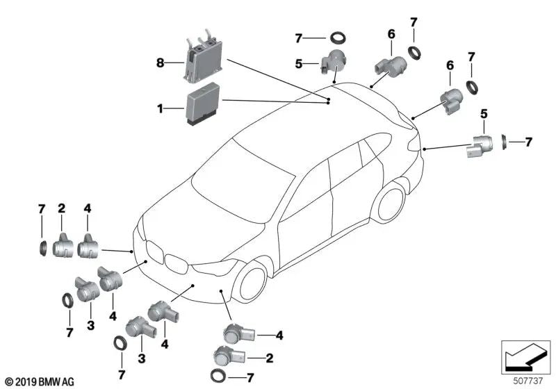 Dunkler Schatten -Ultraschallsensor für BMW F45, F45N, F46, F46N, G32, F39, G01, G08, F26, G02 (OEM 66207850461). Original BMW
