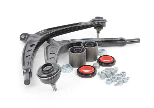 Juego de brazos de suspensión OEM 31122157596 para BMW E46. Incluye brazos delanteros izquierdo y derecho, tornillería y silentblocks. Compatible con todos los E46. Original BMW.