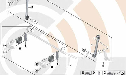Silentblocks Kit Stabilisator OEM 31352347941 für BMW E60, E60N, E61, E61N, E64, E64N. Originaler BMW Ersatz. Ideal, um Geräusche zu lösen oder die Stabilität der Stabilisatorstange zu verbessern.
