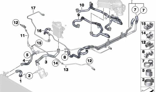 Manguera de refrigeración OEM 17127591098 para BMW F01, F01N, F02, F02N. Original BMW.