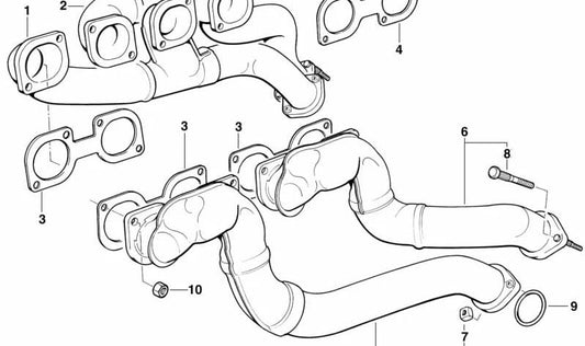Colector de escape OEM 11621439929 para BMW E39, E38 y E52 con motor M62. Compatible con modelos 535i y 540i. Original BMW.