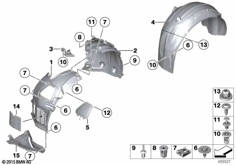 Front Rear Left Fender Cover for BMW 5 Series F10, F11, F18 (OEM 51717186723). Original BMW