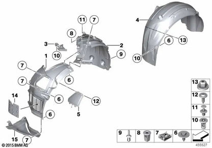 Front Rear Left Fender Cover for BMW 5 Series F10, F11, F18 (OEM 51717186723). Original BMW