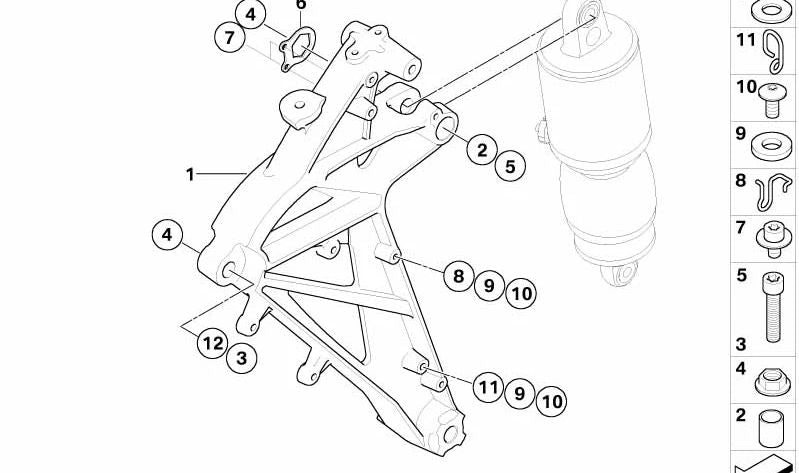 Soporte de amortiguador OEM 46517696700 para BMW Motorrad G 650 X modelos GK15 (0141, 0164, 0165, 0167). Original BMW Motorrad.