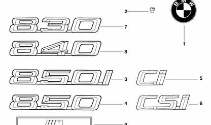 Emblema trasero adhesivo OEM 51148108850 para BMW Serie 8 E31 850Ci (modelos EG11, EG12, EG13, EG18, EG21, EG22, EG23, EG28). Original BMW.
