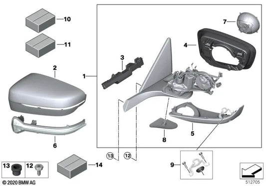 Heated exterior mirror Memory Bus left for BMW G14, G15, G16 (OEM 51169498919). Original BMW.