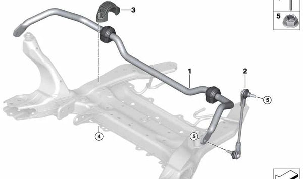 Barra estabilizadora delantera con silentblocks OEM 31306892711 para BMW X1 {U11, U12}, X2 {U10} y MINI {U25}. Original BMW y MINI.