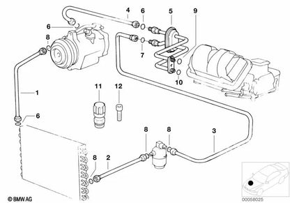 Evaporator-compressor suction pipe OEM 64538390785 for BMW 3 Series E36 316i, 318i. Genuine BMW.