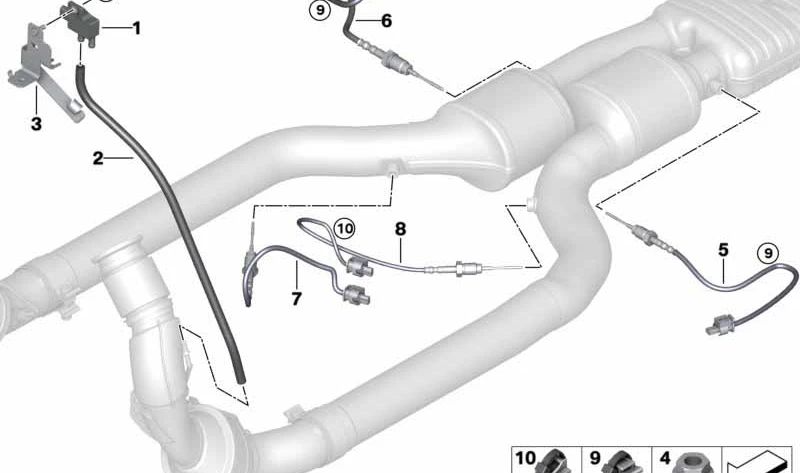 Soporte sensor de filtro de partículas gasolina OEM 13628099730 para BMW F90, F90N, F91, F92, F93. Original BMW.
