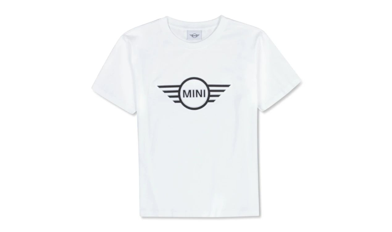 Camiseta mujer blanca con logotipo MINI Wing en relieve OEM 80145B32000, talla M. Válido para BMW y MINI. Original MINI.