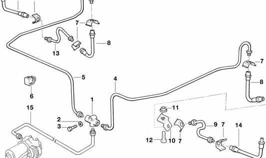 Tubo de freno OEM 34326772563 para BMW E21, E30, E36, E12, E28, E39, E60, E61, E24, E63, E64, E32, E31, Z1, Z3. Compatible con sistemas de frenos delanteros. Original BMW.