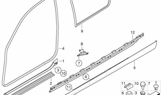 Interni Tapacubos La porta sinistra della porta 51477003939 per BMW E46 (316Ti) con motori N40, N42, N45, N46. Compatibile con modelli con cambiamento manuale e automatico. BMW originale.
