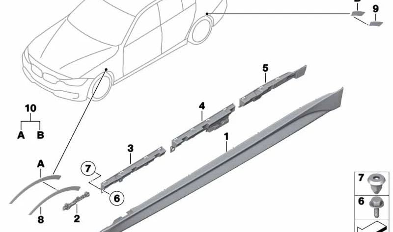 Faldón lateral derecho imprimado OEM 51778056580 para BMW F30, F31 (todos los modelos: 316d con motores N47T y B47K, cambio manual y automático, tracción trasera, de 2012 a 2018). Original BMW.