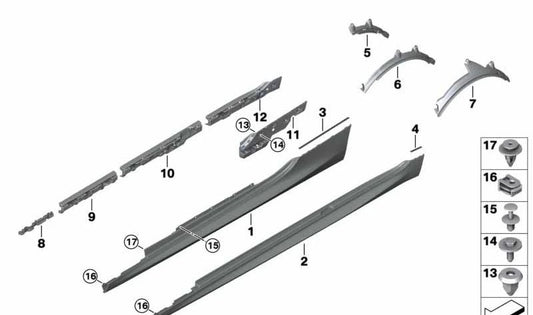 Soporte trasero izquierdo del faldón lateral OEM 51777497691 para BMW F93 y G16. Pieza original BMW.