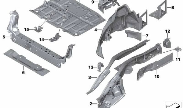 Aleta interior trasera derecha OEM 41007469556 para BMW F40, F39, F70. Pieza original BMW.