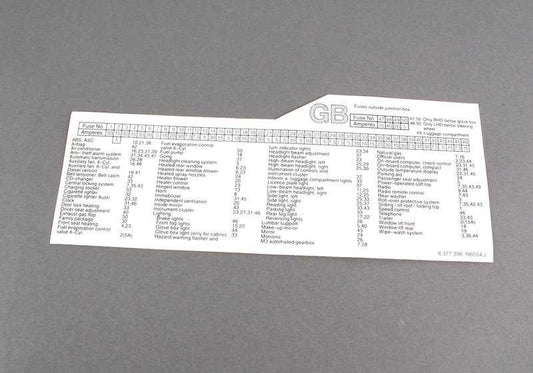 Label on fuse box OEM 61138377396 for BMW 3' E36 316g, 316i, 318is, 318i... and more. Genuine BMW.